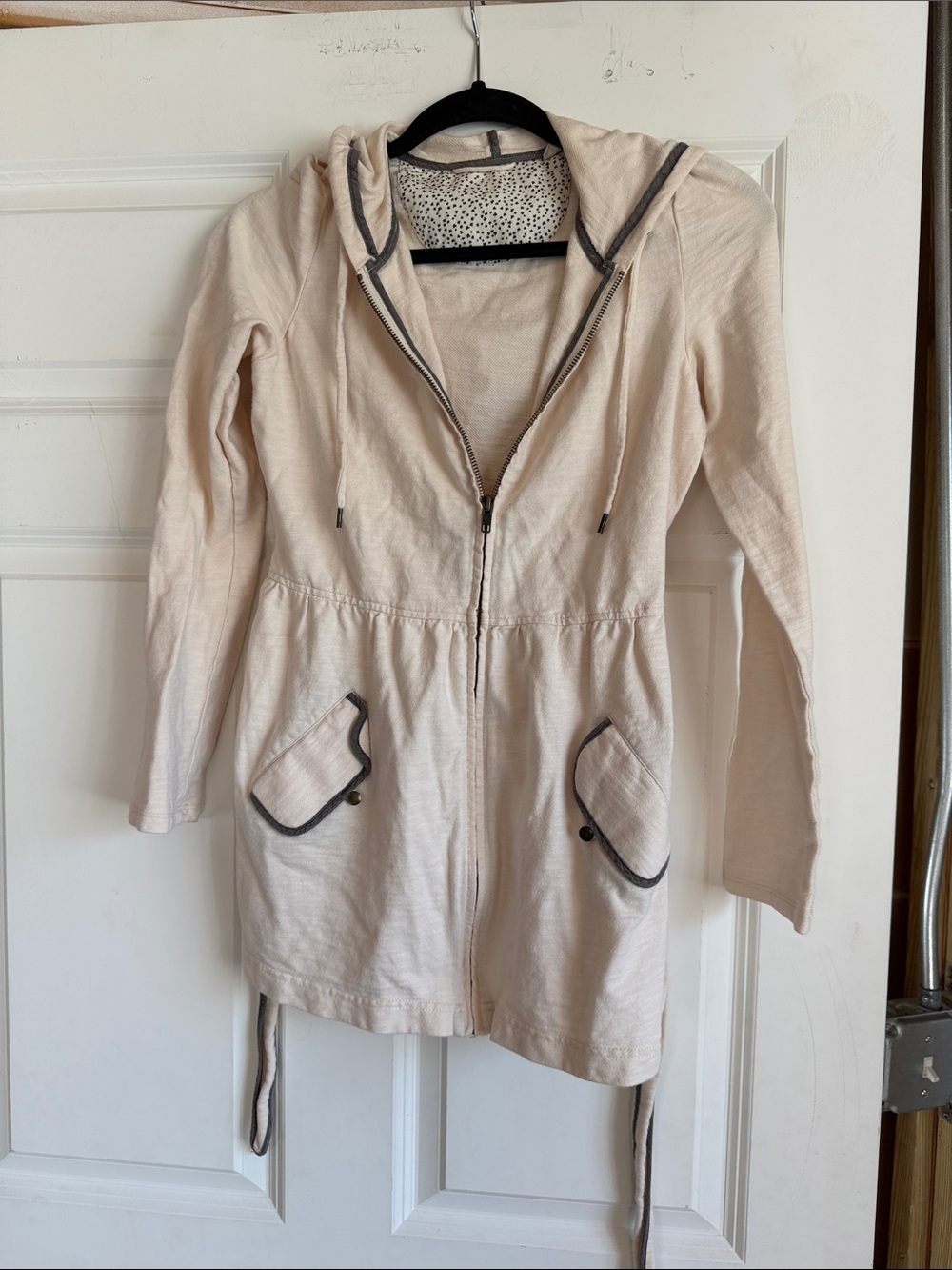 Anthropologie Cream Hooded Zip Jacket with Gray Trim